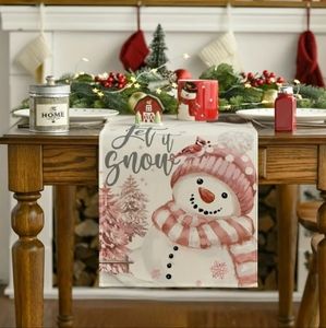 'Let It Snow' Holiday Christmas Winter Pink Snowman Table Runner Dining Decor